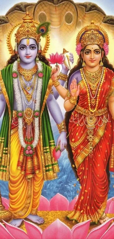 Mobile wallpaper of Vishnu and Lakshmi in vibrant colors with divine themes.