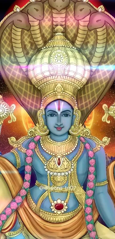 Vibrant depiction of deity Vishnu in mobile wallpaper.