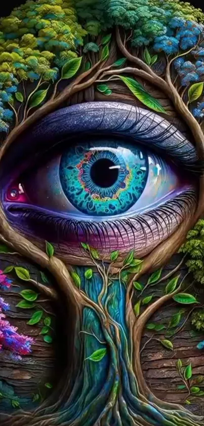 Surreal eye incorporated into a colorful tree for mobile wallpaper.