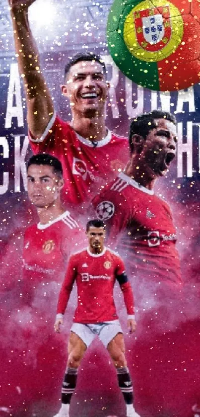 Mobile wallpaper featuring Ronaldo with vibrant red and football theme.