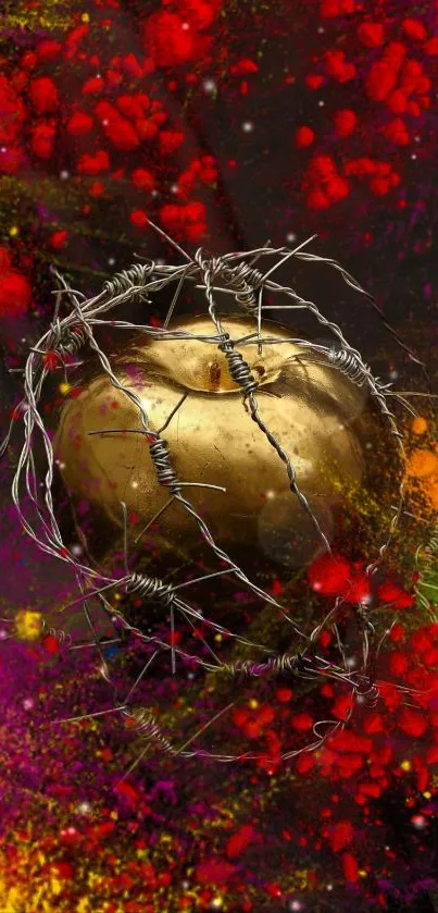 Golden apple with barbed wire on vibrant abstract background.