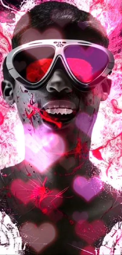 Abstract wallpaper with red, white, and black design featuring a person wearing sunglasses.