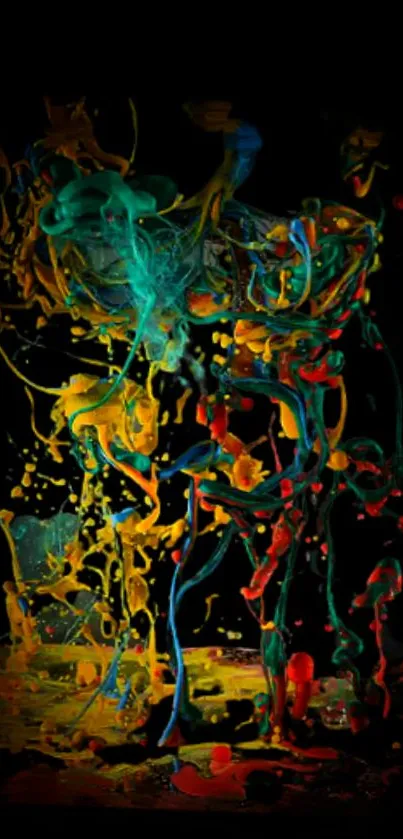 Colorful abstract art with vivid splashes on black background.