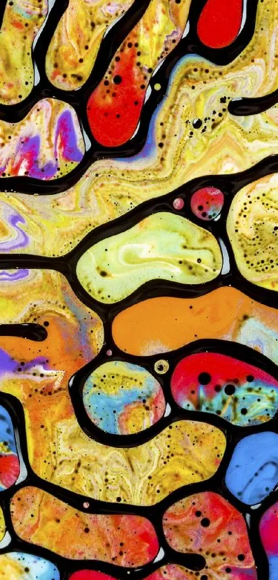 Vibrant abstract art with vivid yellow, red, blue, and black swirling patterns.