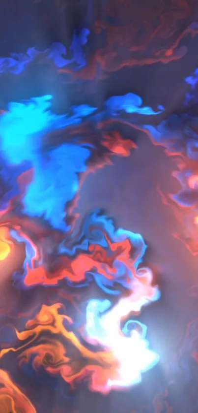 Vibrant abstract swirl of blue, orange, and purple colors forming a dynamic pattern.