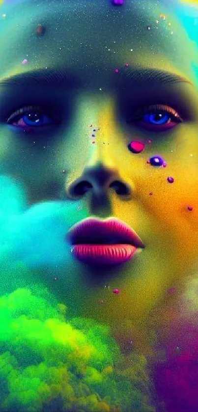 A vibrant abstract face surrounded by colorful clouds in a mobile wallpaper.