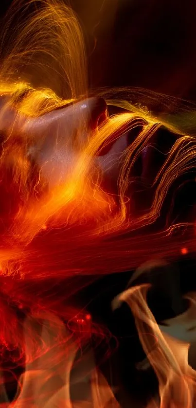Fiery abstract art with red and orange swirls on a dark background.