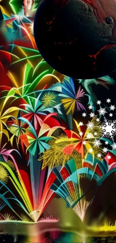 Colorful abstract fireworks with cosmic elements on dark background.