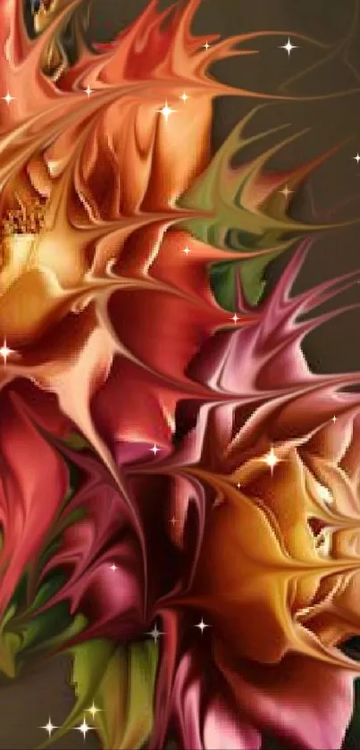 Abstract floral artwork with fiery petals and swirling colors for mobile wallpaper.