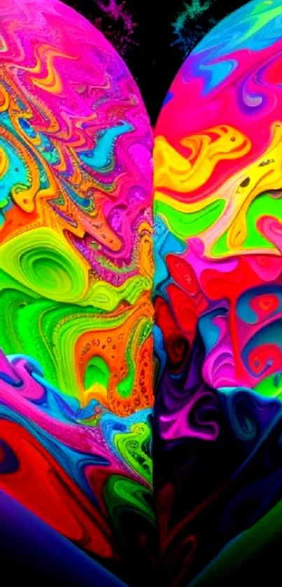 Bright abstract heart wallpaper with vivid swirling colors.