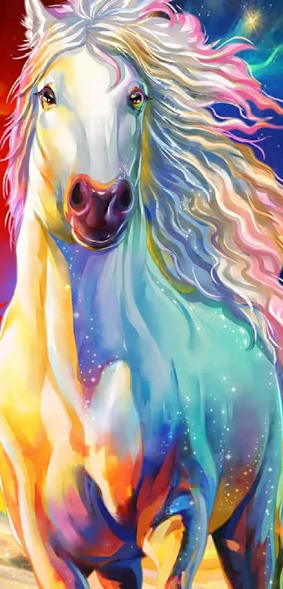 A vibrant abstract artwork of a majestic horse in a colorful landscape.