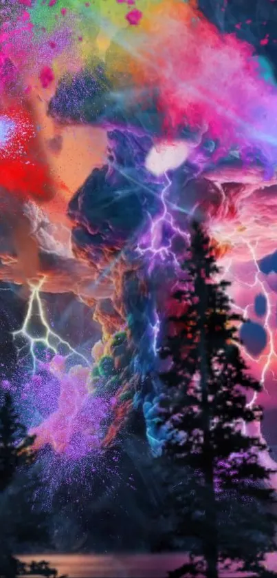 Vivid abstract forest with colorful lightning and cosmic elements.