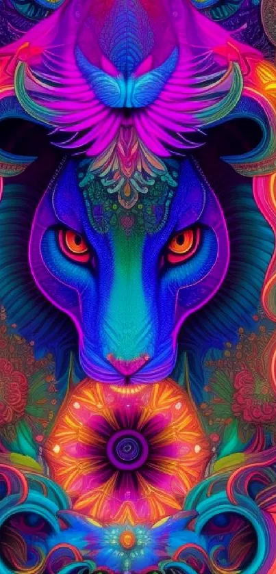 Vivid abstract lion with colorful patterns in a vibrant mobile wallpaper.