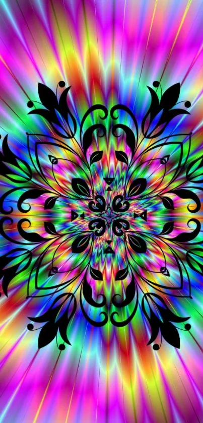 Colorful psychedelic mandala with black floral design.