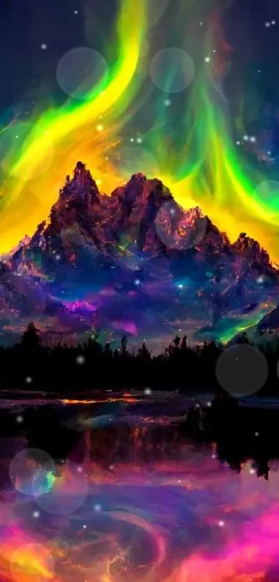 Abstract mountain under vibrant aurora with rainbow reflection.