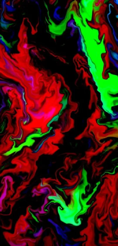 Abstract neon art with red, green, and black swirls on mobile wallpaper.