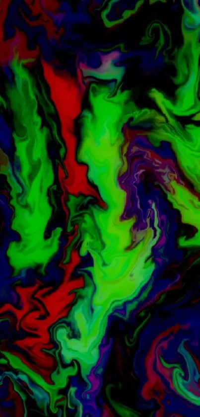 Vibrant swirls of green, red, and blue create a dynamic abstract wallpaper.