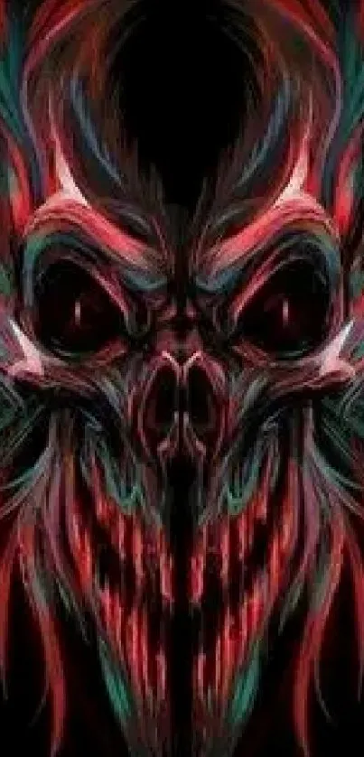 Abstract skull art with red and teal hues on a black background.