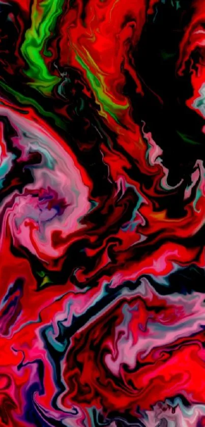 Vibrant abstract swirl wallpaper with red, black, and green hues.