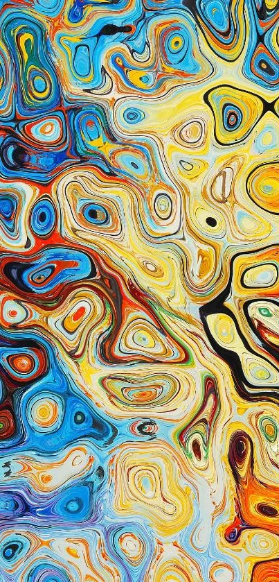 Vibrant abstract swirl wallpaper with yellow, blue, and orange patterns.