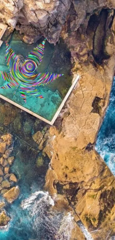 A mesmerizing aerial view of a coastal pool with colorful artistic design.