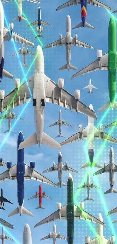 Various airplanes flying across a blue sky in a vibrant pattern.