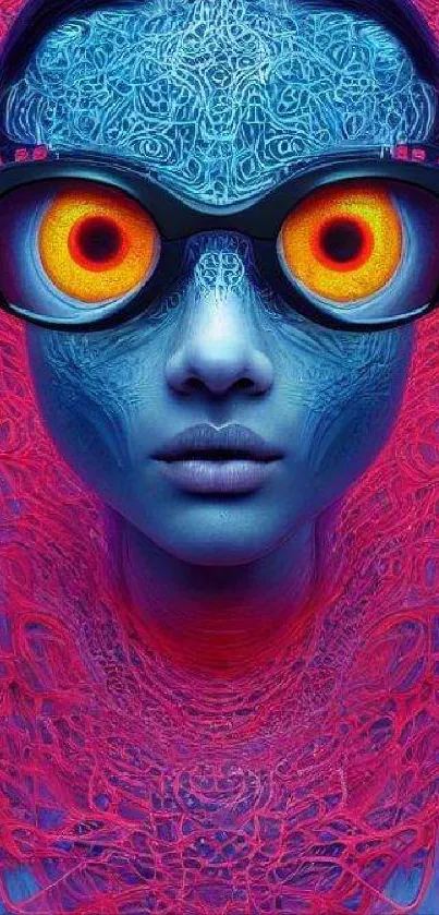 Futuristic alien portrait with vibrant blue and red hues.