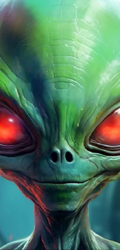 Vibrant green alien face with glowing red eyes wallpaper.