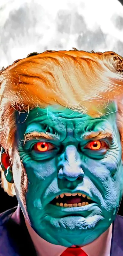 Surreal alien-like portrait with blue skin and moon backdrop.