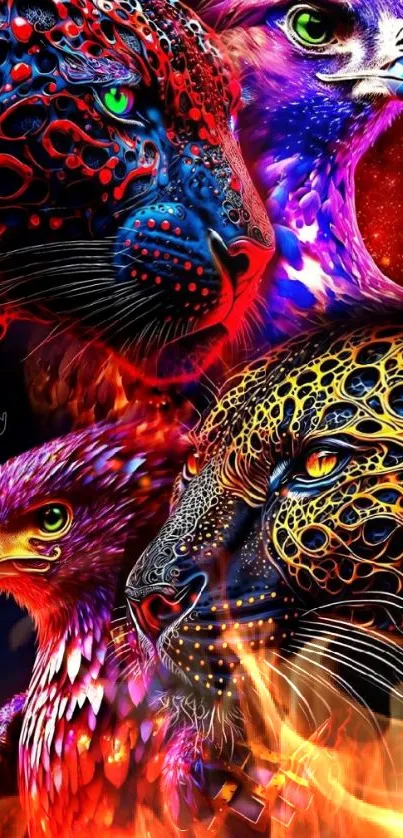 Intricate and vivid digital art of colorful animals in a mobile wallpaper.