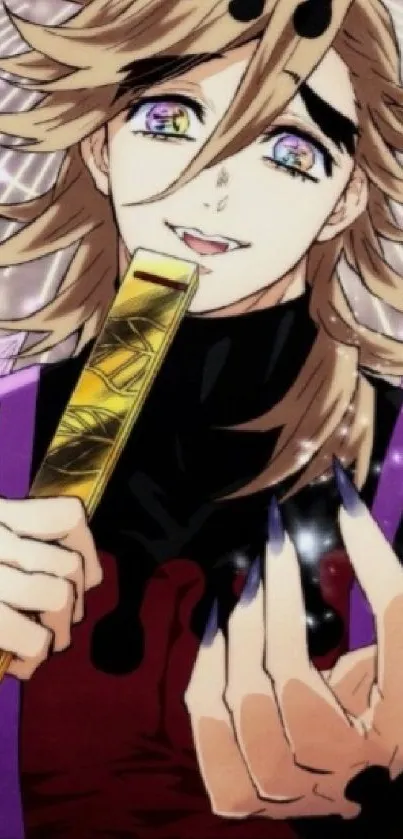 Anime character with blonde hair holding item, dynamic background.