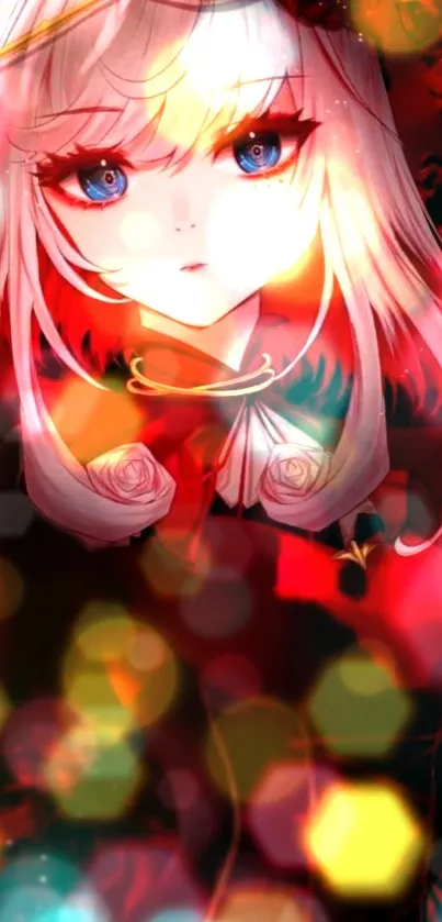 Anime character with vivid red and colorful bokeh background.
