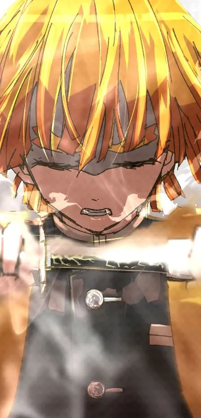 Anime character with orange hair holding a sword in an intense emotional scene.