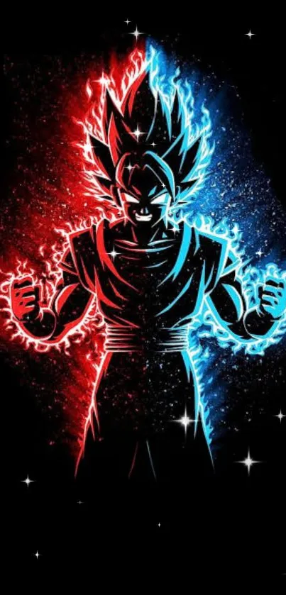 Anime character glowing with red and blue energy on black wallpaper.