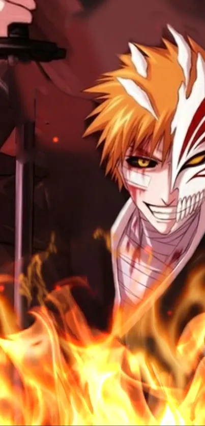 Anime character with fiery background and orange hair holding a sword.