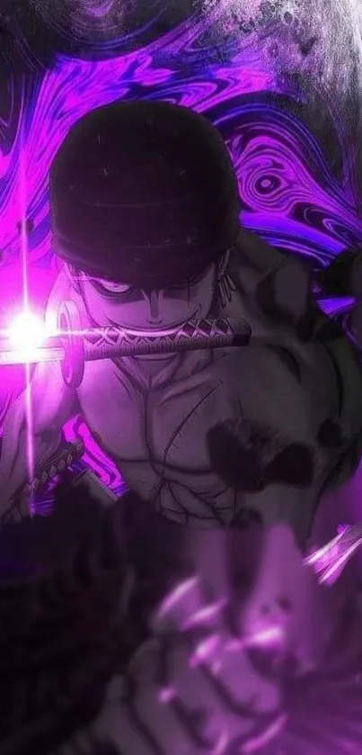 Anime character with swords and vivid purple background.