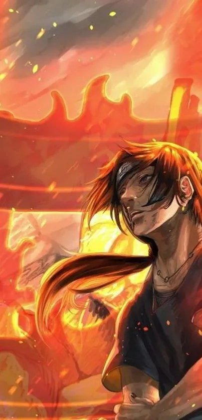 Anime warrior in a fiery, vivid setting with bold colors.