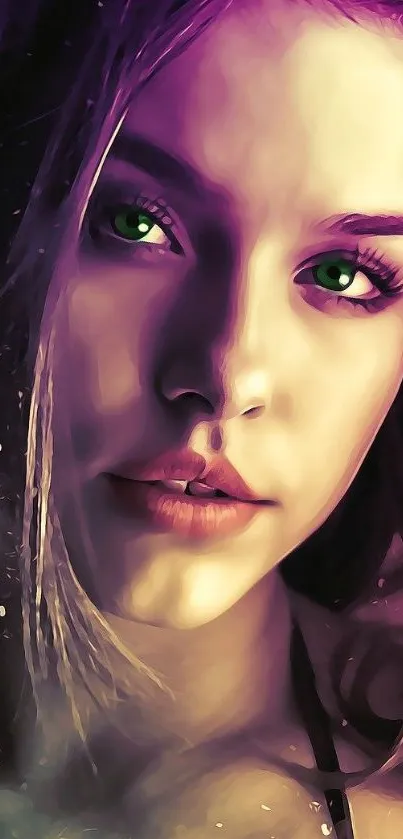 Vivid portrait wallpaper with green eyes and purple hues.