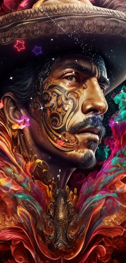 Ornate cowboy portrait with vibrant colors and artistic designs on a mobile wallpaper.