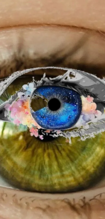 Close-up of a colorful eye with abstract art elements.