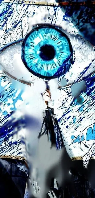 An artistic wallpaper featuring a vivid blue eye in an abstract design.