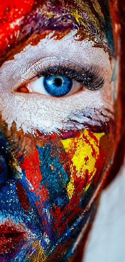 Colorful painted face with blue eye.