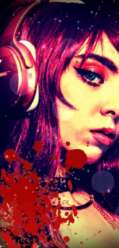 Artistic portrait with headphones, vivid red theme.