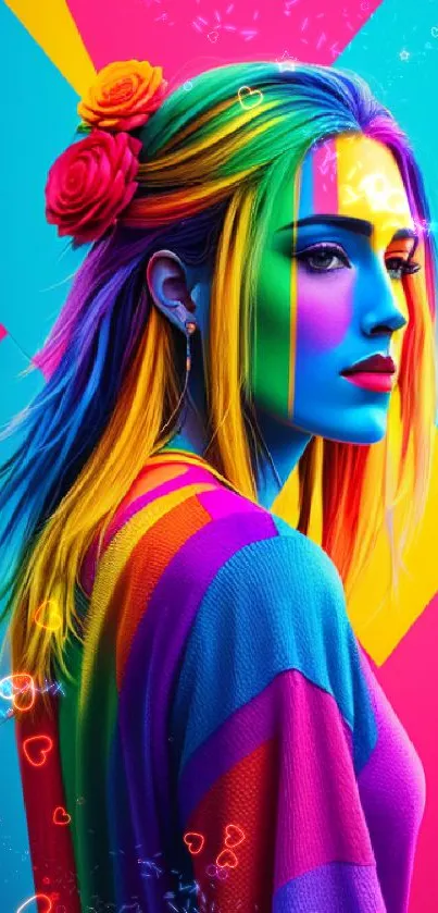 Vibrant and colorful artistic portrait on a geometric background.