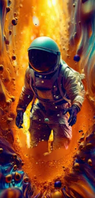 Abstract astronaut art with vivid orange and blue colors.