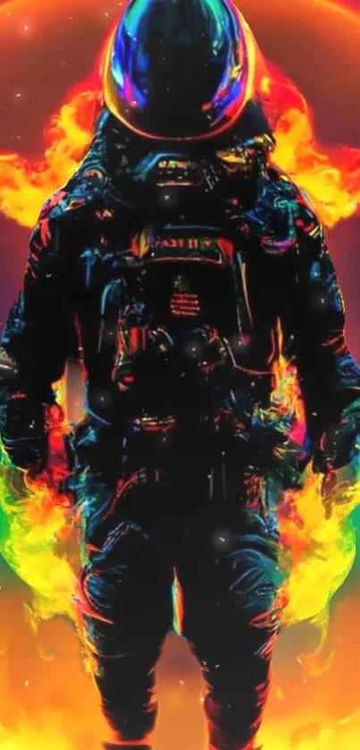 Fiery astronaut surrounded by vibrant colors with cosmic background.