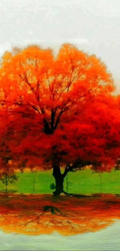 Orange tree and its reflection in serene water, exuding vibrant autumn hues.