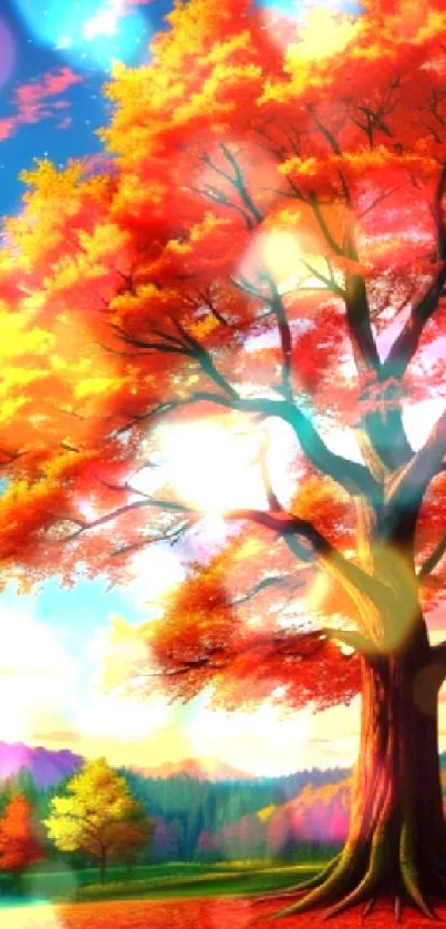 Vibrant autumn tree with orange leaves and a blue sky background.