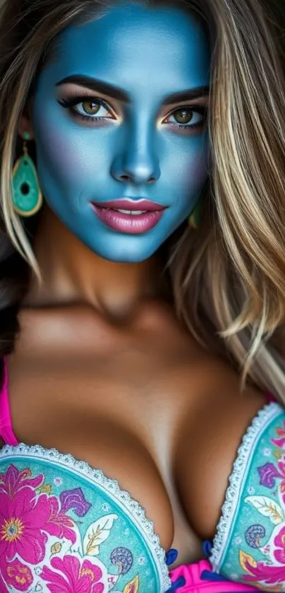 Blue-faced portrait with colorful attire.