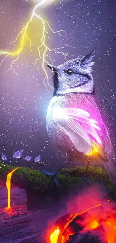 Fantasy bird with lightning and lava background on a mobile wallpaper.